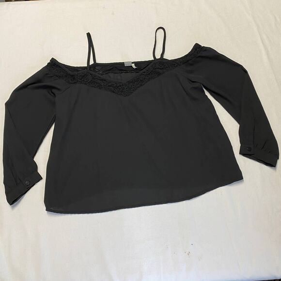 paper crane off shoulder blouse Top chiffon black sz m long sleeve - Picture 7 of 12